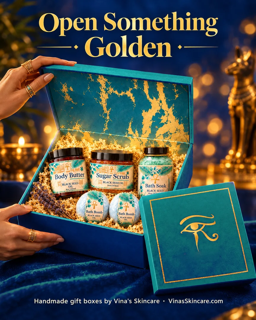 Hands opening a teal Eye of Horus gift box filled with Vina's Skincare products