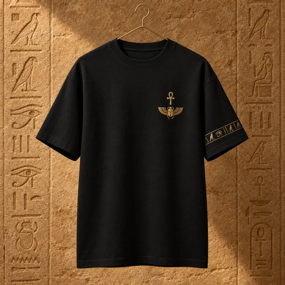 Black T-shirt with a small gold ankh and winged scarab on the chest and a hieroglyph sleeve stripe