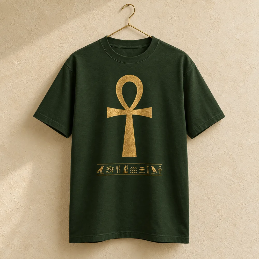 Forest green T-shirt with a large gold ankh and a hieroglyph band