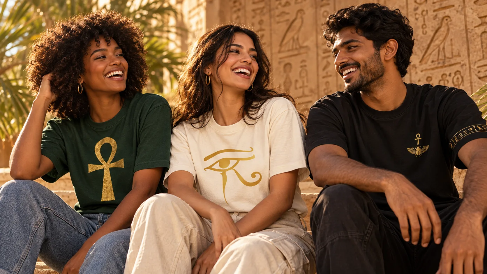 Three friends in Egyptian-inspired T-shirts: a green ankh tee, a cream Eye of Horus tee and a black Goddess tee