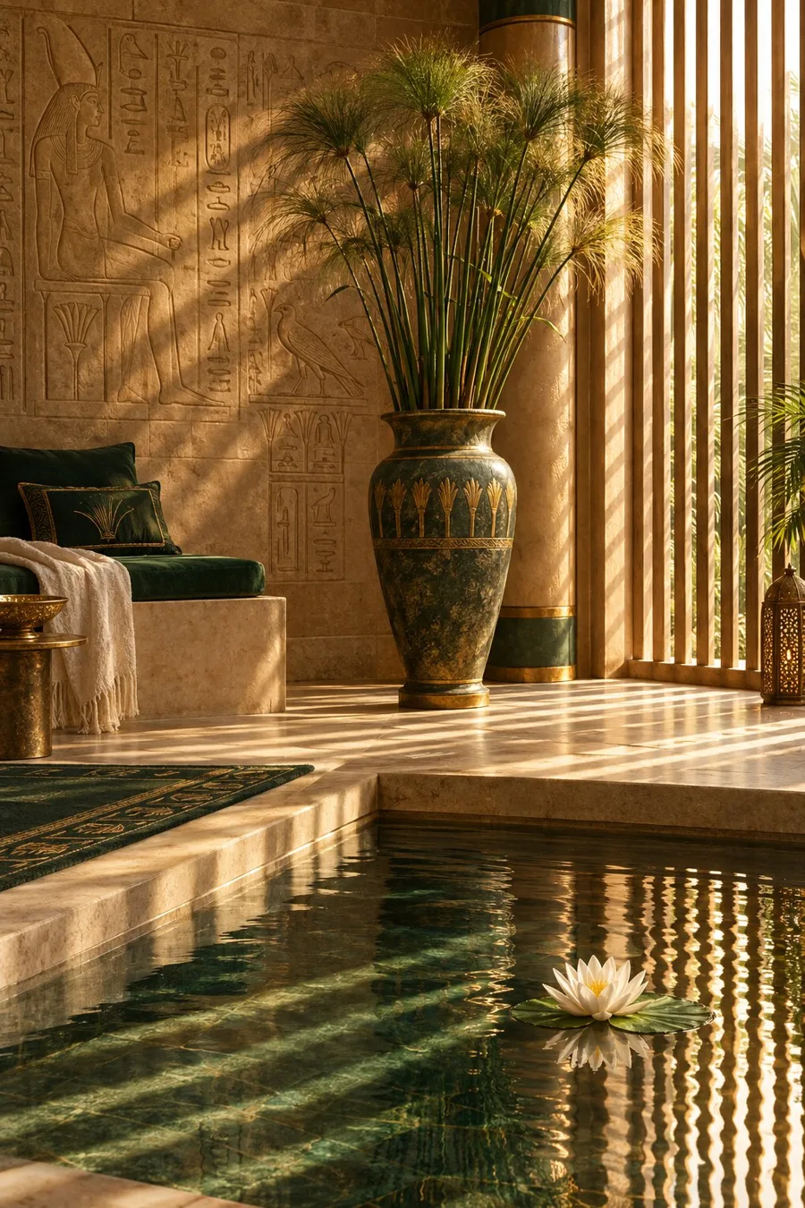 Sunlit Egyptian-inspired spa with papyrus, sandstone and a lotus pool