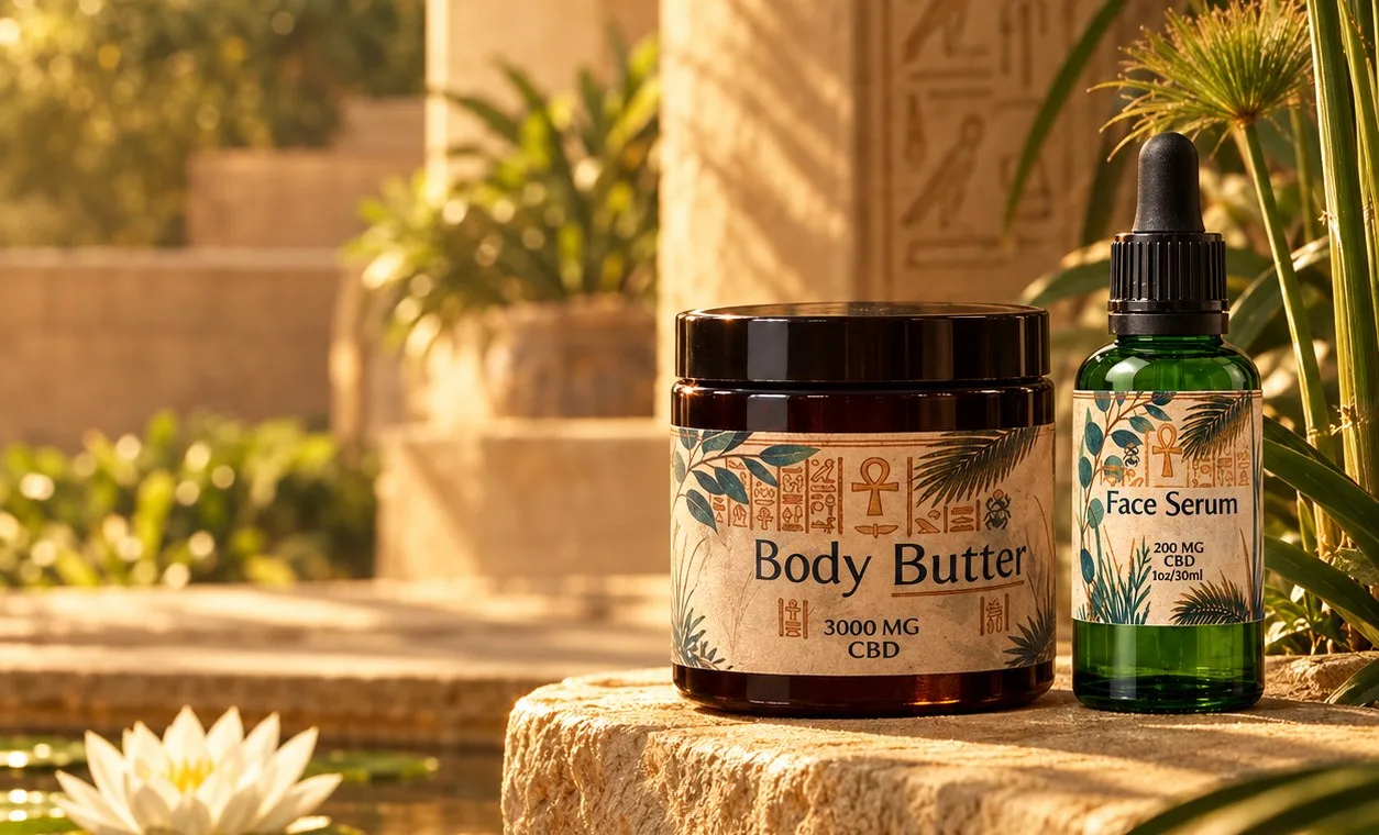Vina's Skincare body butter and face serum on a sunlit sandstone ledge beside a lotus pool