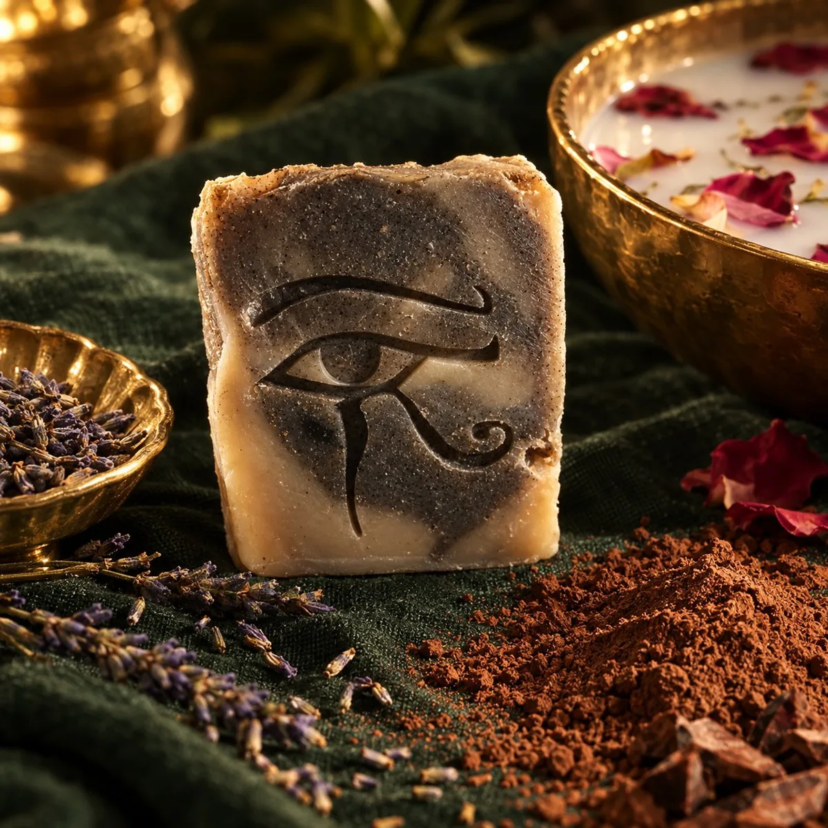 Eye of Horus soap on green linen with lavender, cacao and a rose milk bath